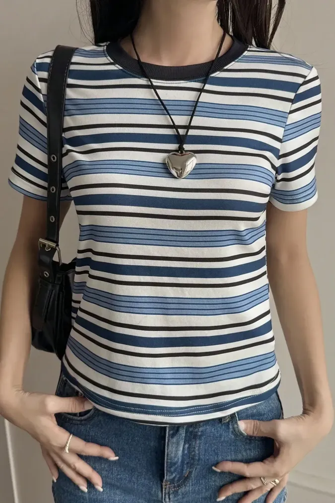 Blue Striped Crew Neck T-Shirt - Image 1