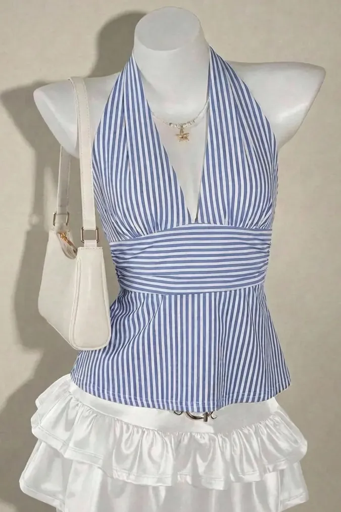 Blue Halter Neck Striped Top - Image 1
