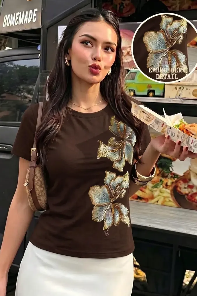 Brown Floral Embroidered T-Shirt - Image 1