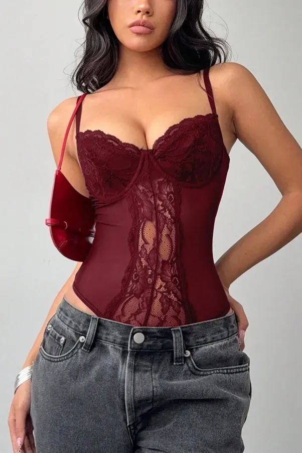Wine Lace Sweetheart Bodysuit - Image 1