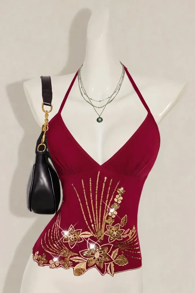 Red Embellished Halter Top - Image 1