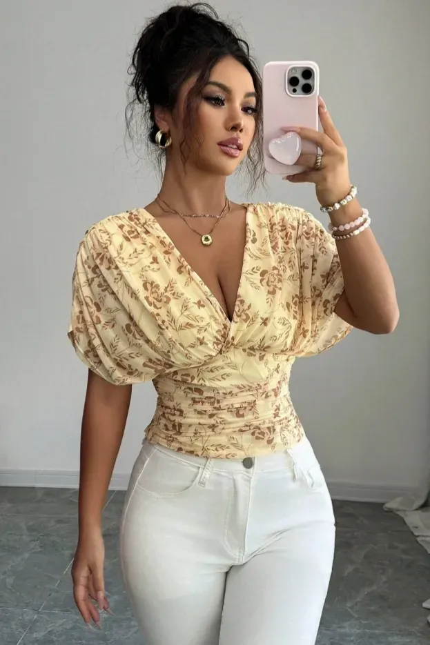 Yellow Floral V-Neck Top - Image 1
