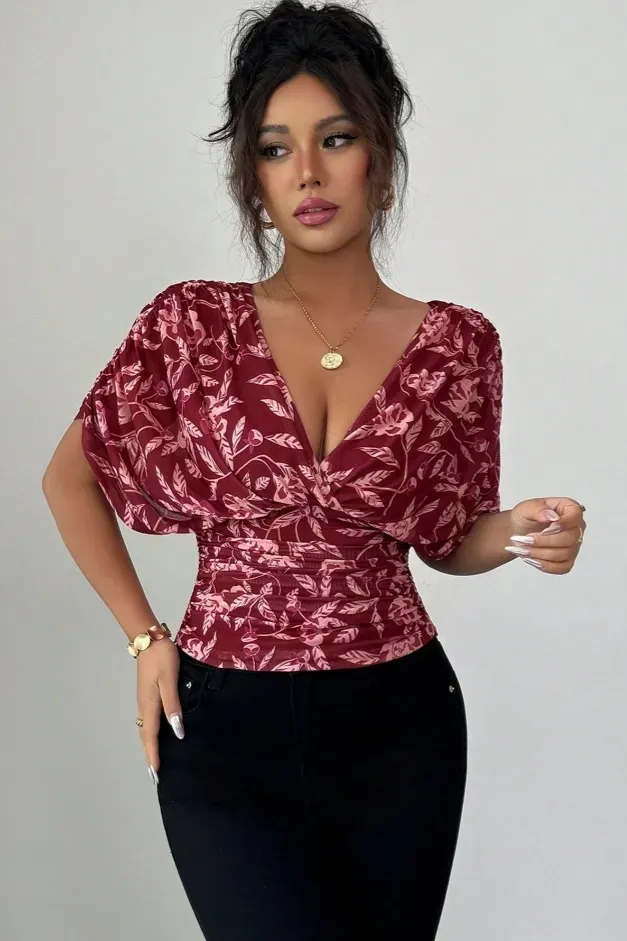Maroon Floral V-Neck Top - Image 1
