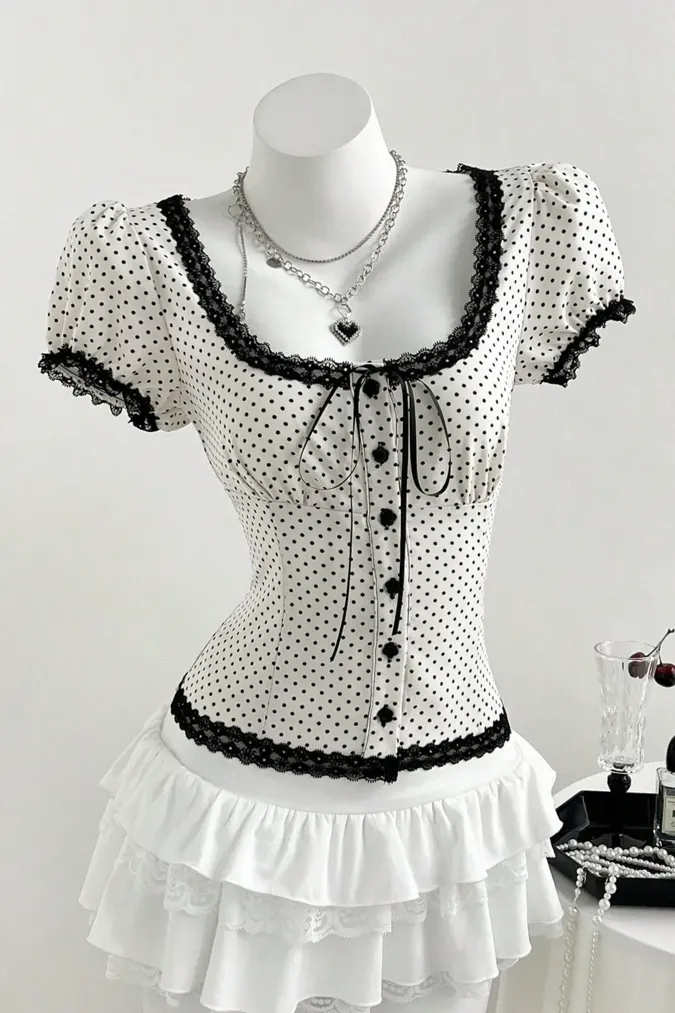 White Polka Dot Lace Top - Image 1