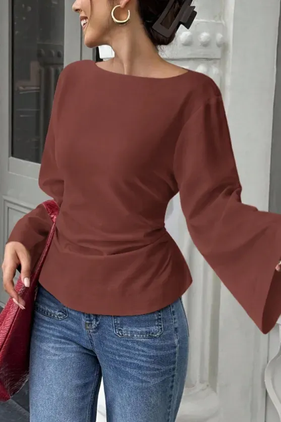 Brown Boat Neck Flared Sleeve Top - Image 1