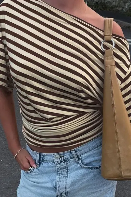Brown Striped One Shoulder T-Shirt - Image 1