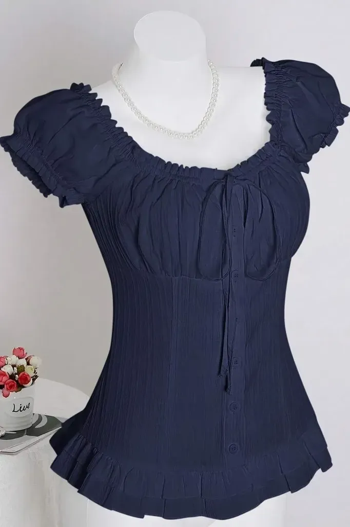 Navy Blue Solid Ruffled Top - Image 1