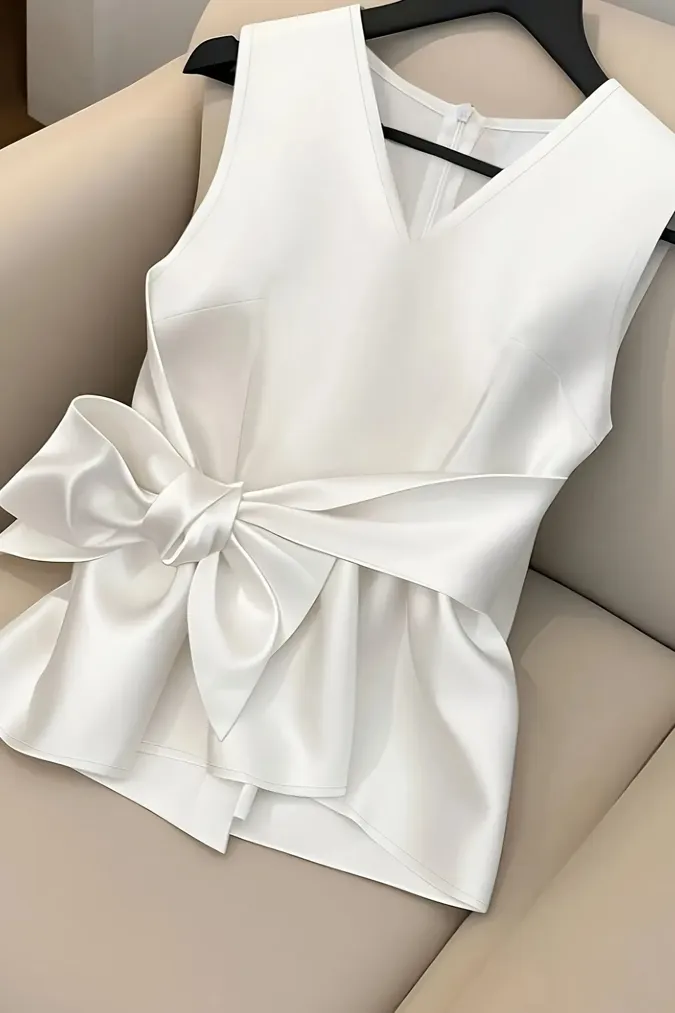 White Solid V-Neck Knot Top - Image 1