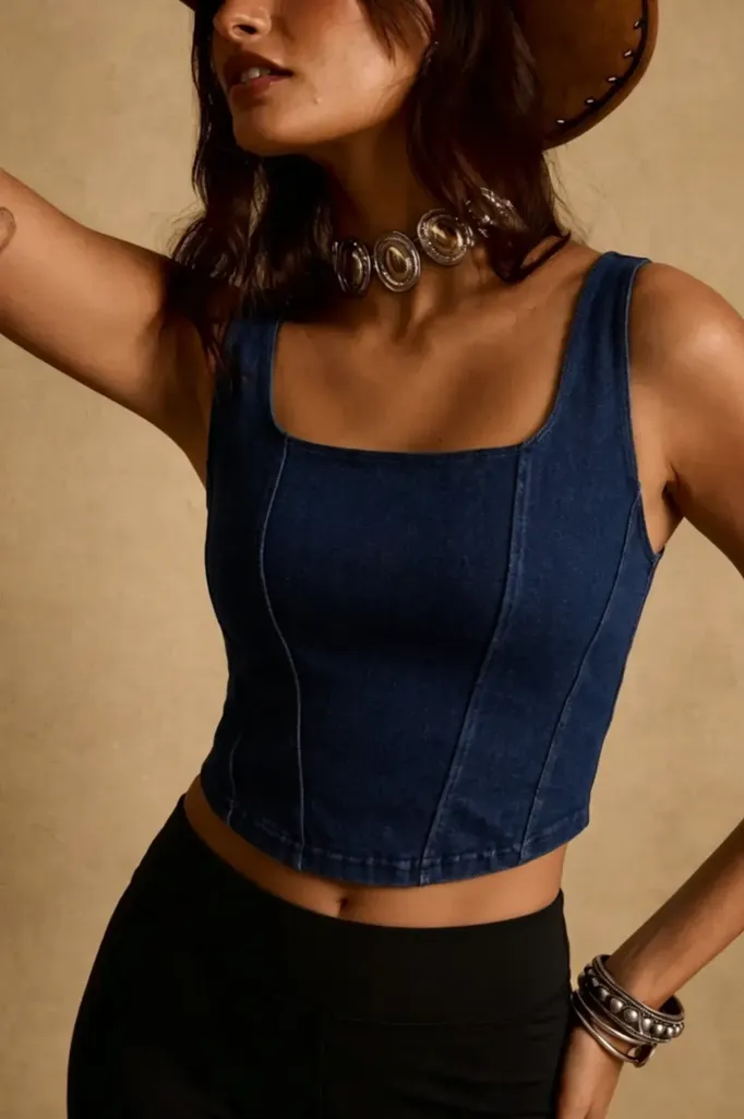Dark Blue Denim Corset Top - Image 1
