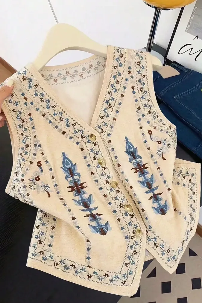 Biege Embroidered Buttoned Top - Image 1