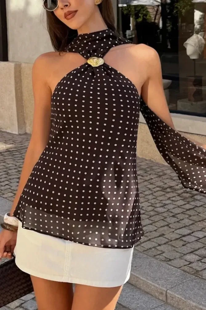 Brown Polka Dot Halter Top - Image 1