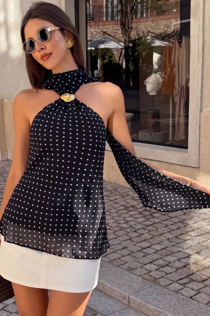 Black Polka Dot Halter Top - Image 1