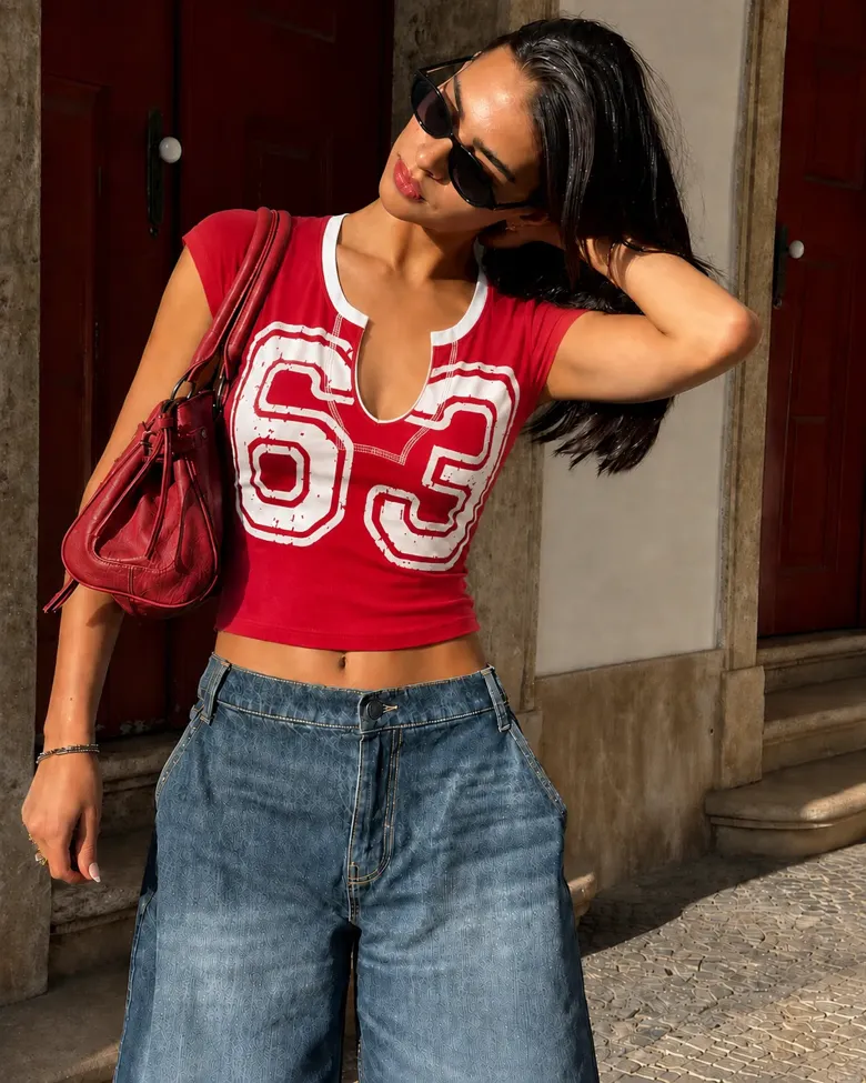 Red Graphic Printed Crop T-Shirt - Image 1