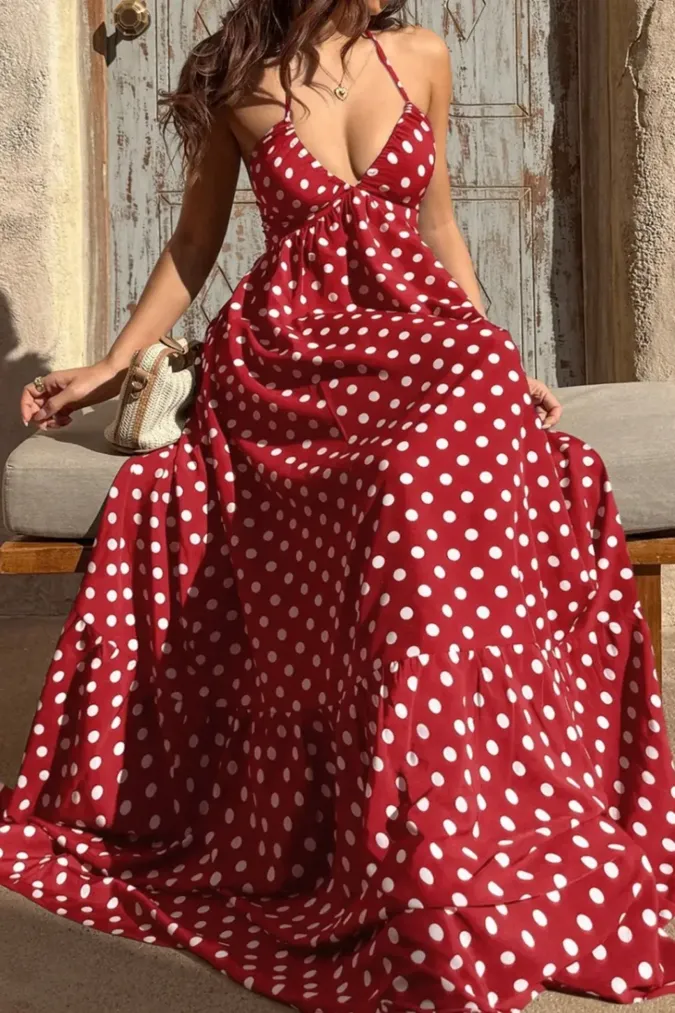 Red Polka Dot Plunge Neck Maxi Dress - Image 1