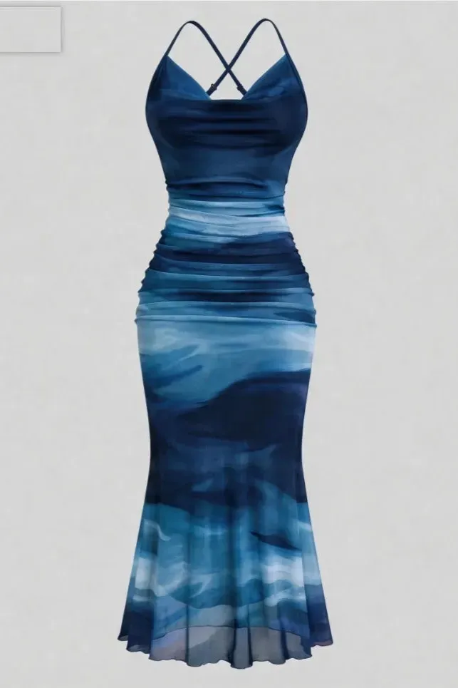 Dark Blue Ruched Mermaid Midi Dress - Image 1