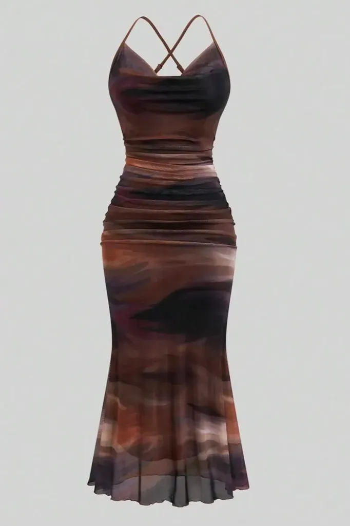 Brown Abstract Cowl Neck Midi Dress - Image 1