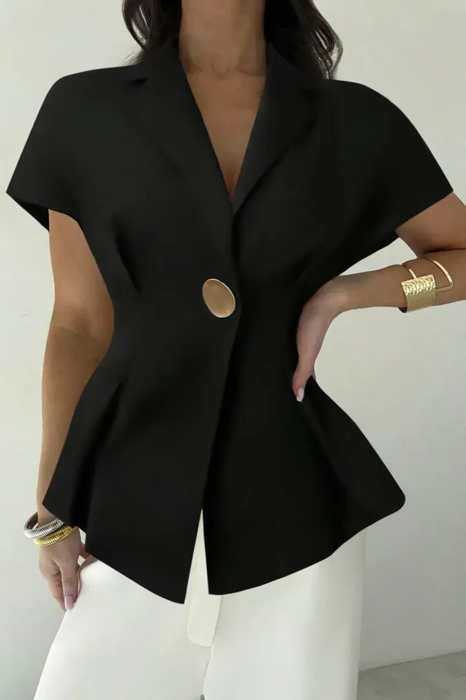 Black Solid Lapel Collar Shirt - Image 1