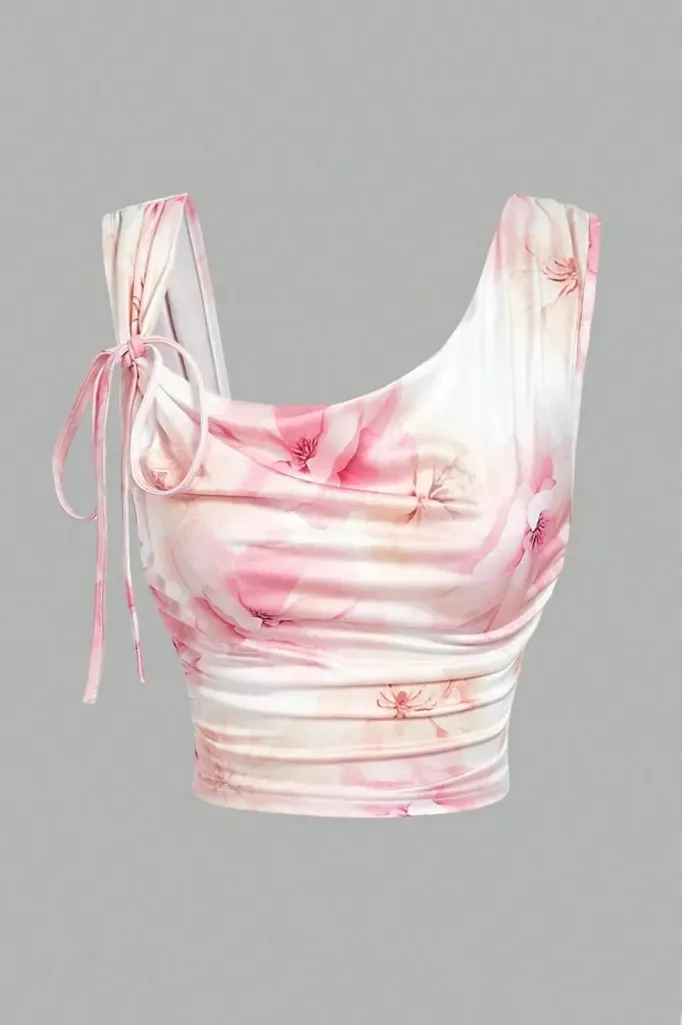 Light Pink Asymmetric Floral Crop Top - Image 1