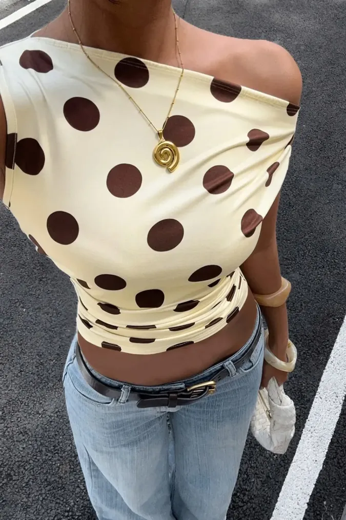 Yellow Polka Dot One Shoulder Top - Image 1