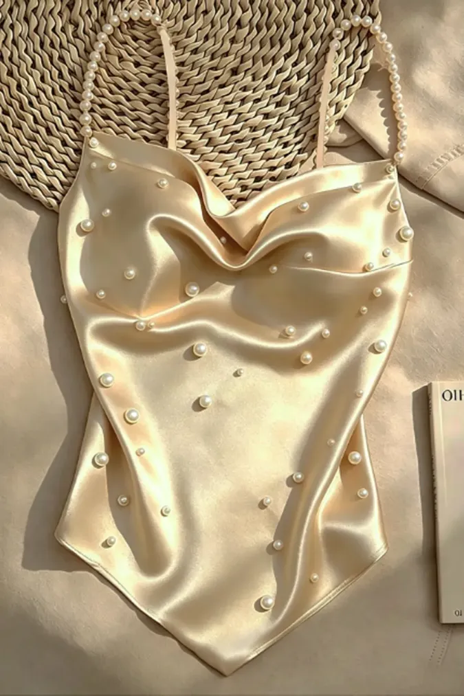 Beige Pearl Embellished Asymmetric Top - Image 1