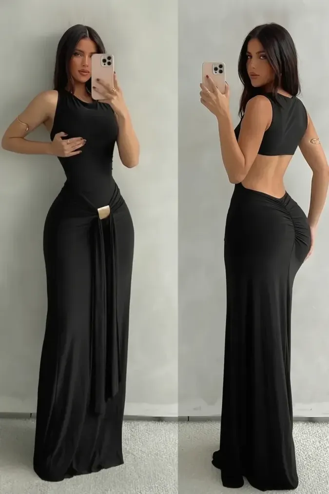 Black Solid Draped Maxi Dress - Image 1