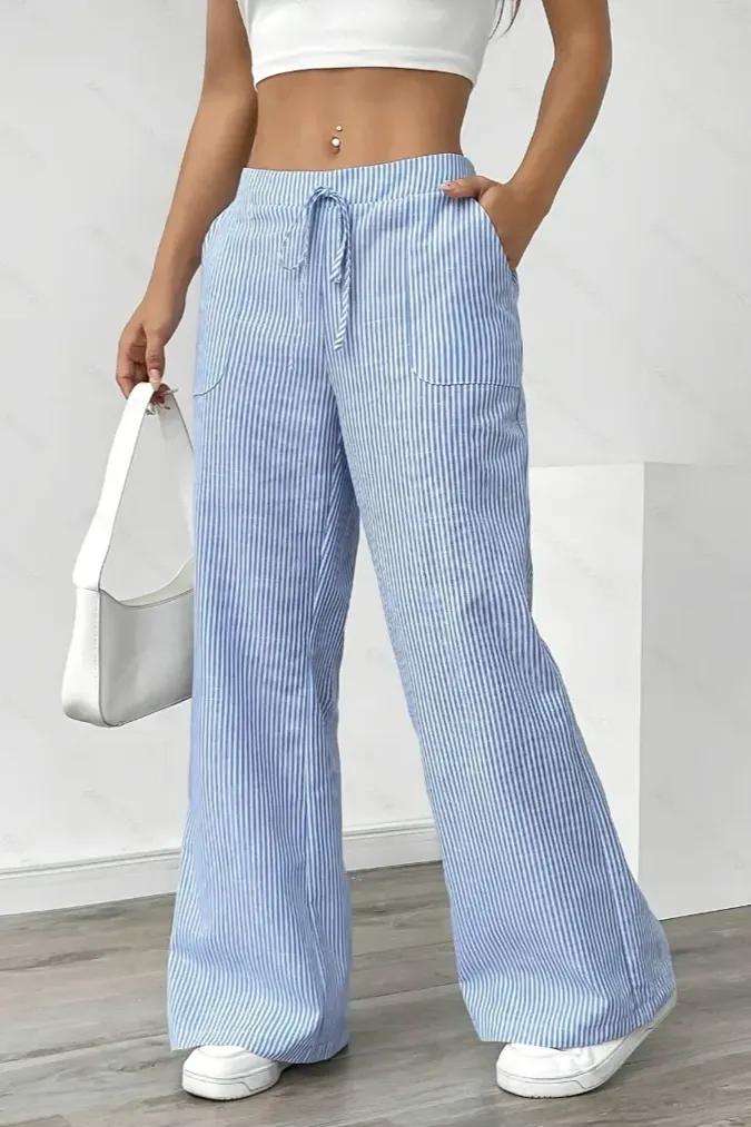 Light Blue Mid-Rise Striped Pants - Image 1