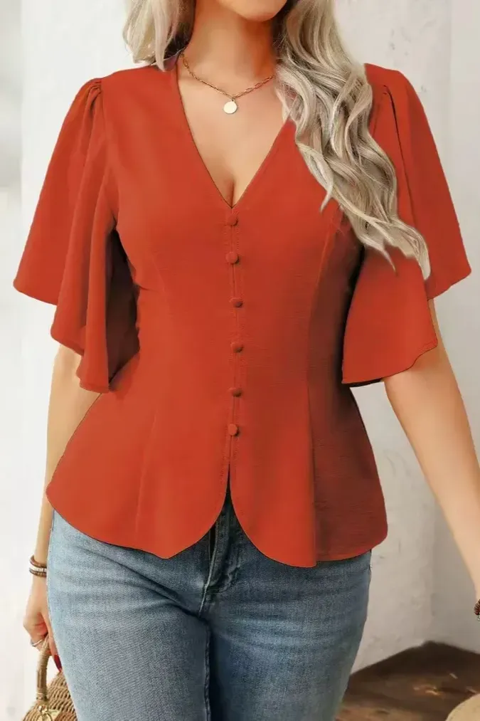 Brown Solid V-Neck Top - Image 1