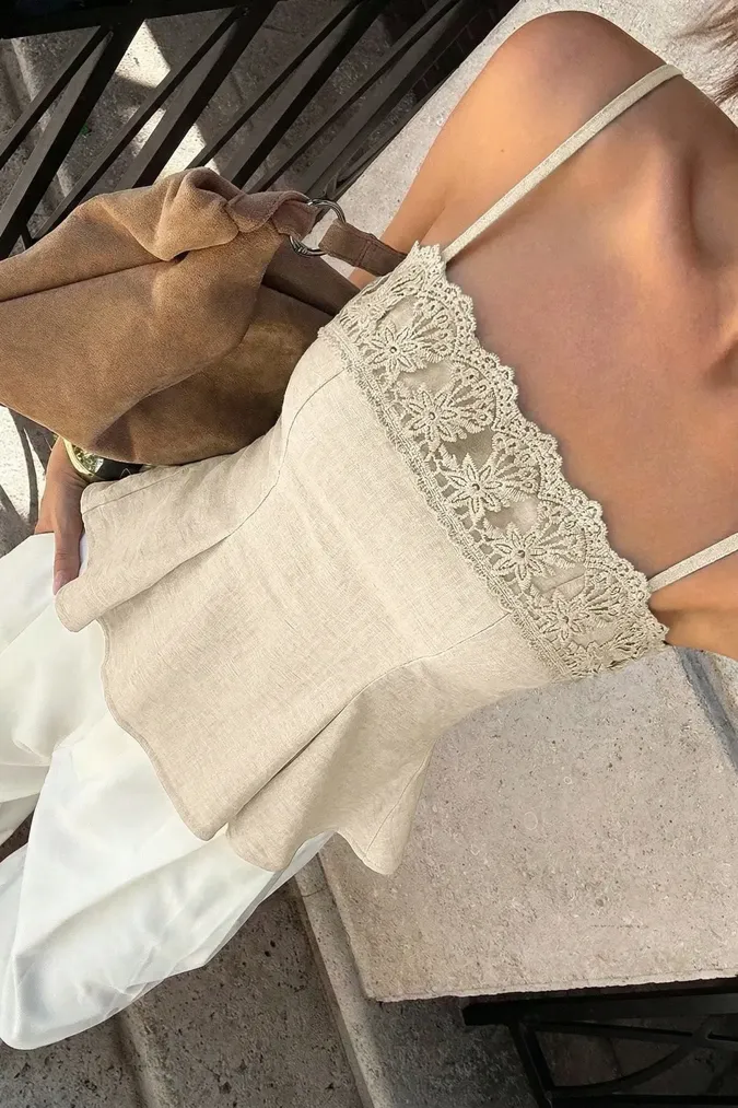 Beige Solid Lace Overlay Top - Image 1