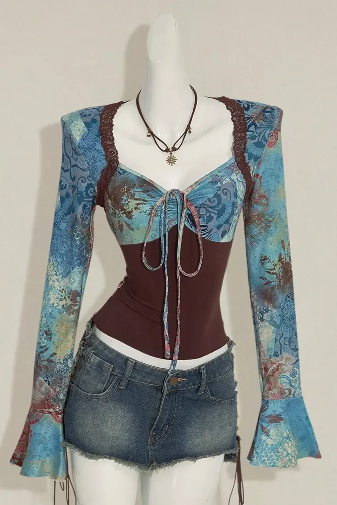 Blue Sweetheart Neck Abstract Top - Image 1