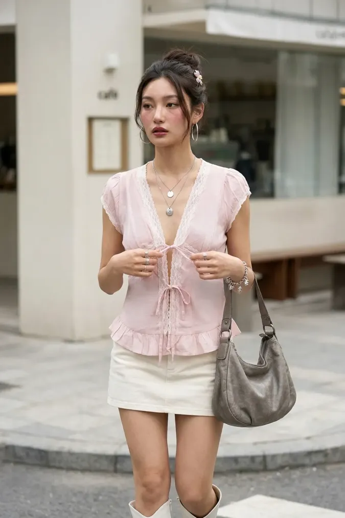 Light Pink V-Neck Tie Up Top - Image 1