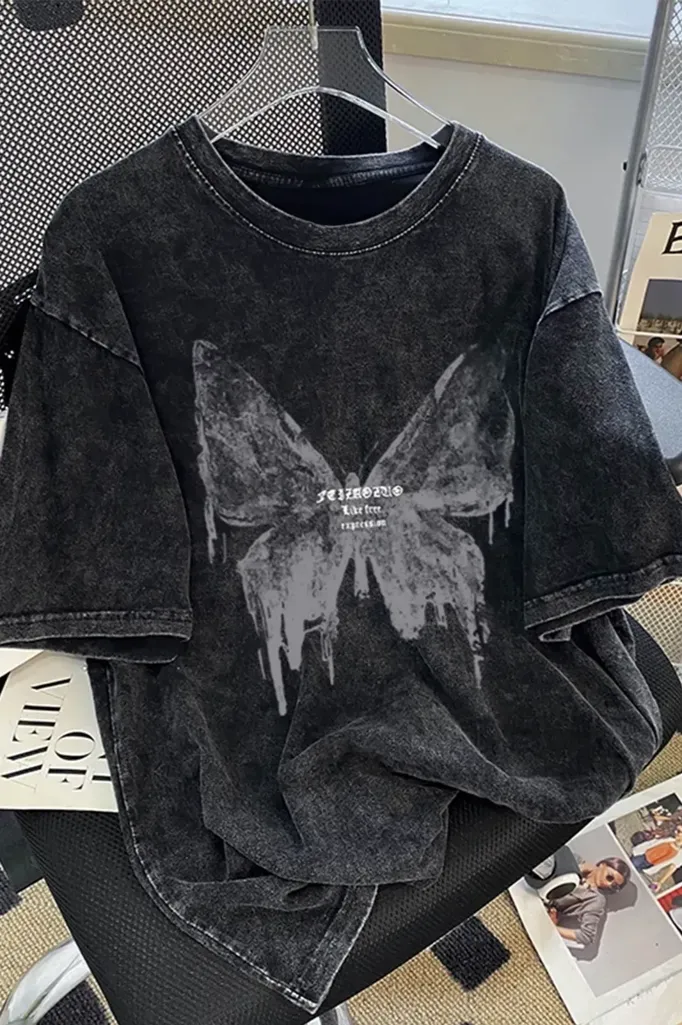 Black Butterfly Print T-Shirt - Image 1