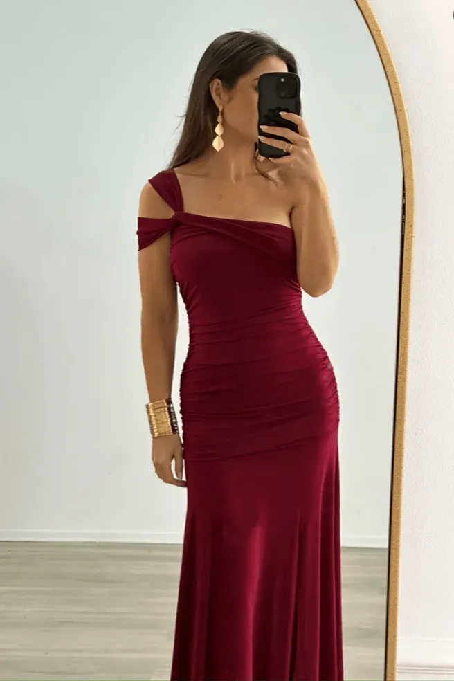 Wine One Shoulder Ruched Maxi Dress - Image 1