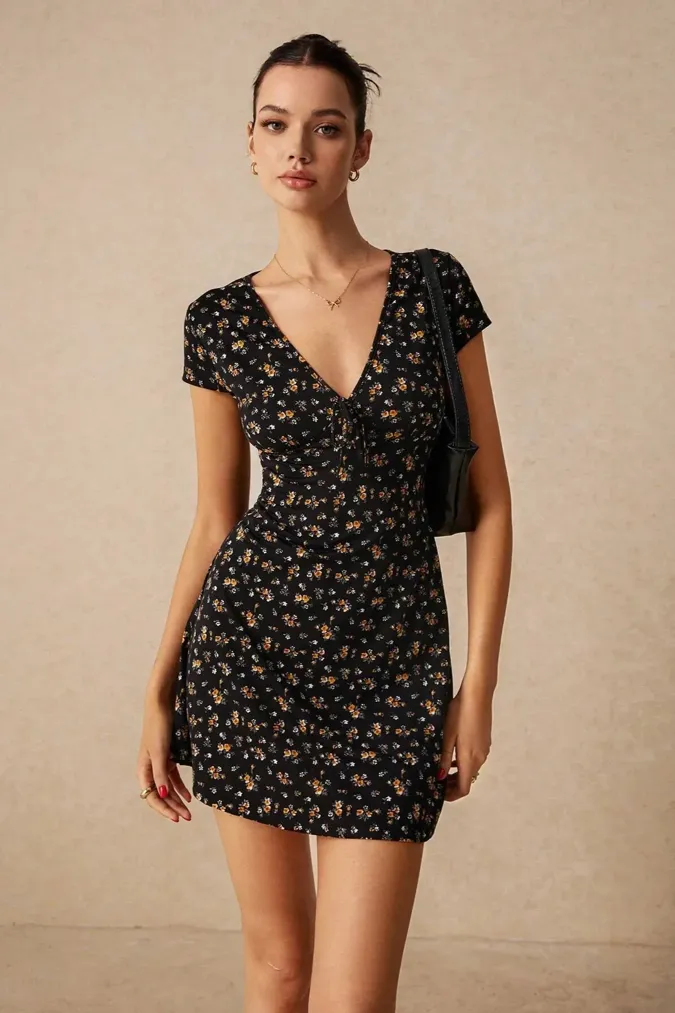 Black Floral V-Neck Mini Dress - Image 1