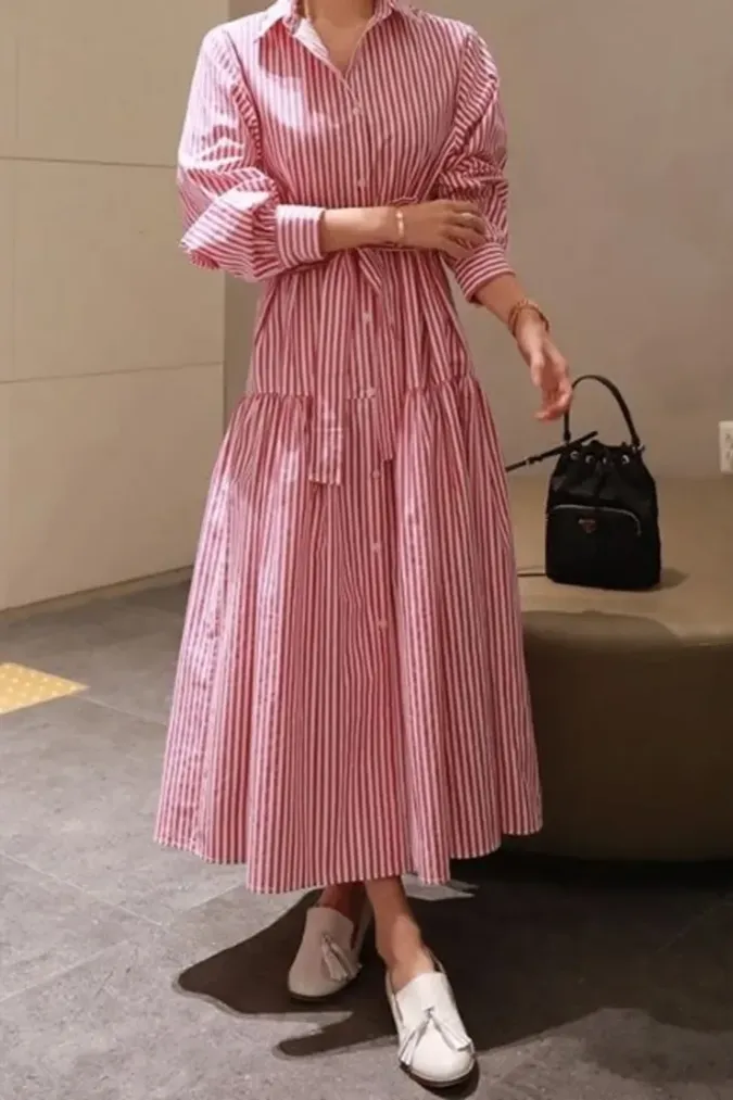 Red Striped Collared Maxi Dress - Image 1