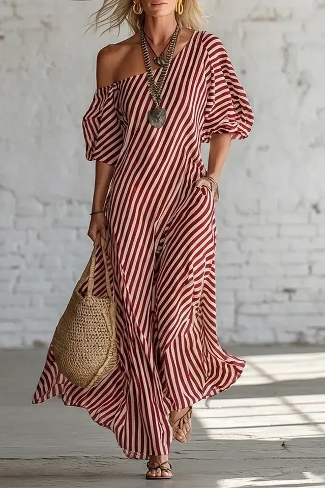 Red Striped One-Shoulder Maxi Dress - Image 1
