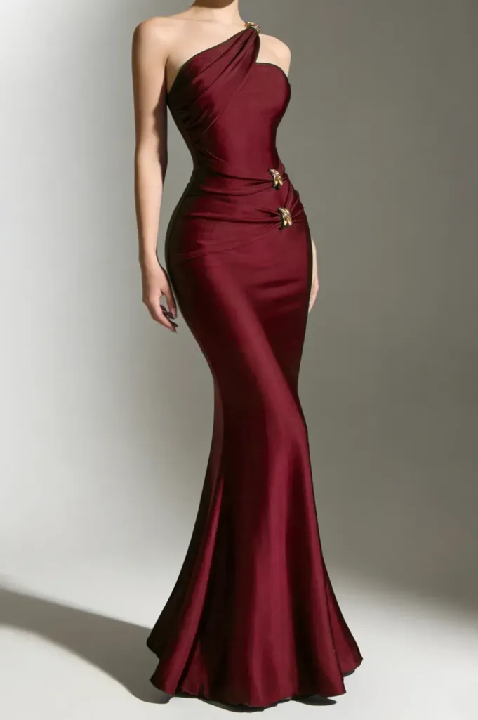 Wine One-Shoulder Maxi Dress - Image 1