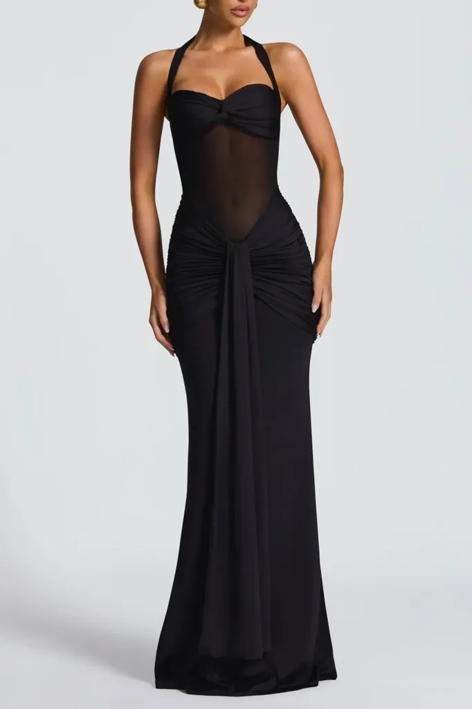 Black Ruched Halter Maxi Dress - Image 1