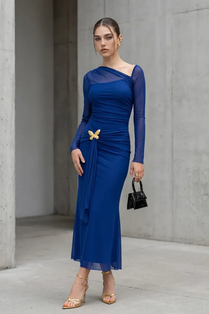 Navy Blue Solid Ruched Maxi Dress - Image 1