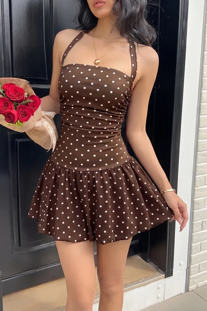 Brown Polka Dot Halter Mini Dress - Image 1