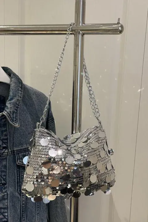 Silver Metallic Sequin Shoulder Bag - Image 1