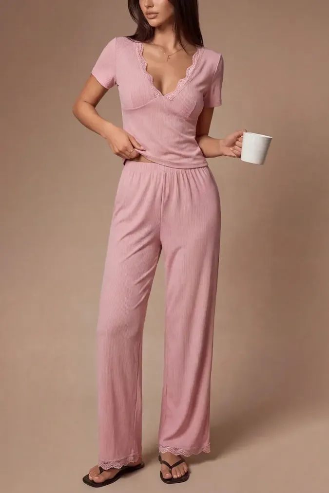 Light Pink Scallop Neck Co-Ords Set - Image 1