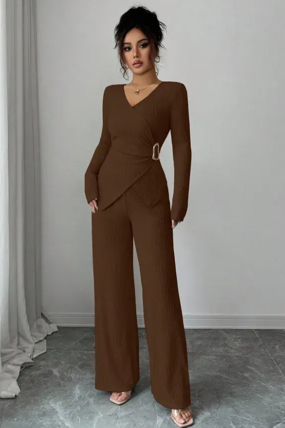 Brown V-Neck Buckle Co-Ord Set - Image 1