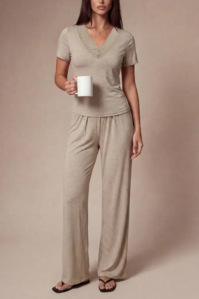 Beige Lace Overlay Co-Ords Set - Image 1
