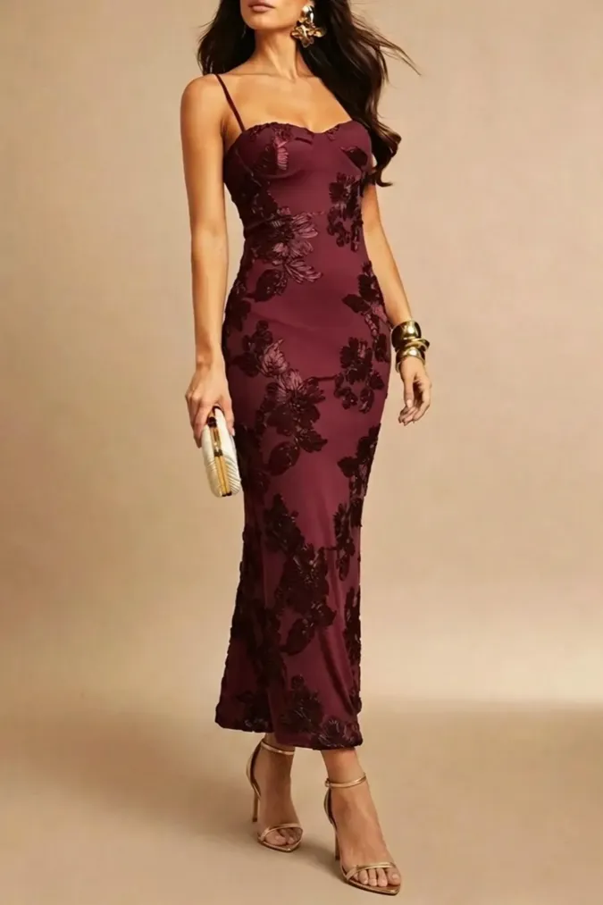 Wine Floral Embroidered Maxi Dress - Image 1
