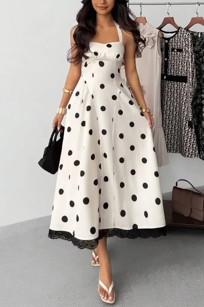 White Polka Dot Halter Midi Dress - Image 1