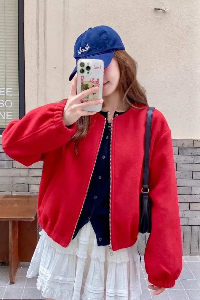 Red Solid Zipper Jacket - Image 1