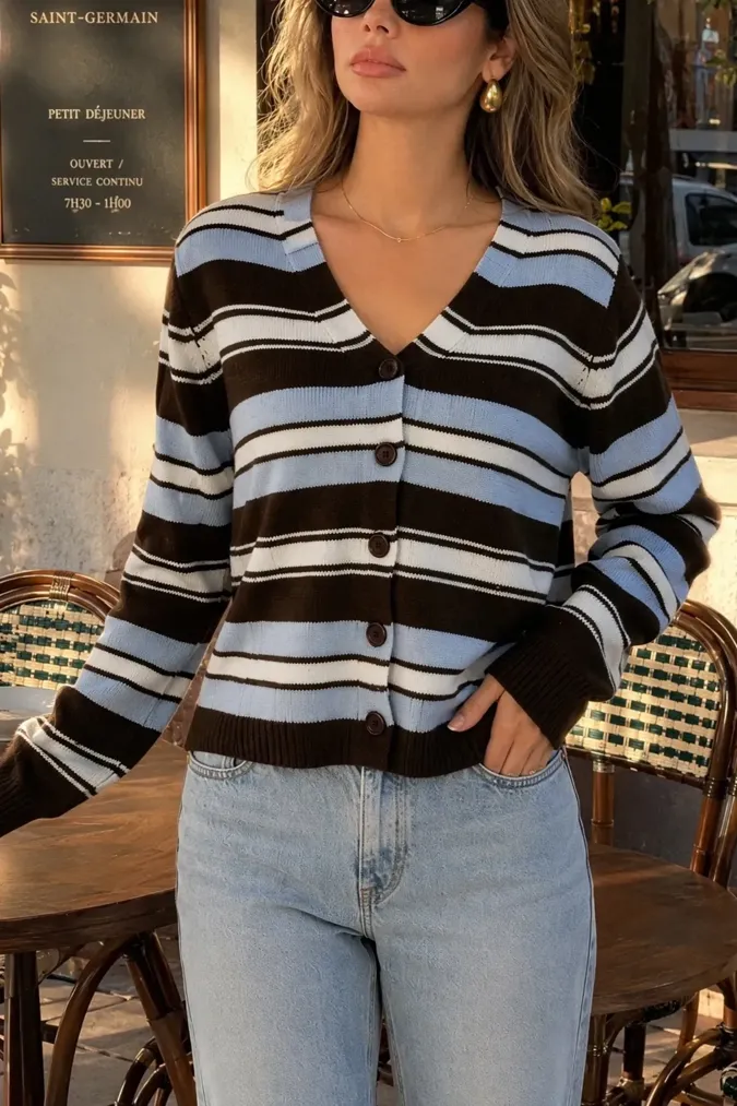 Dark Brown Striped Buttoned Cardigan - Image 1