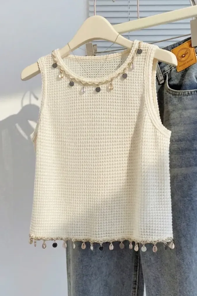 Beige Embellished Crew Neck Top - Image 1