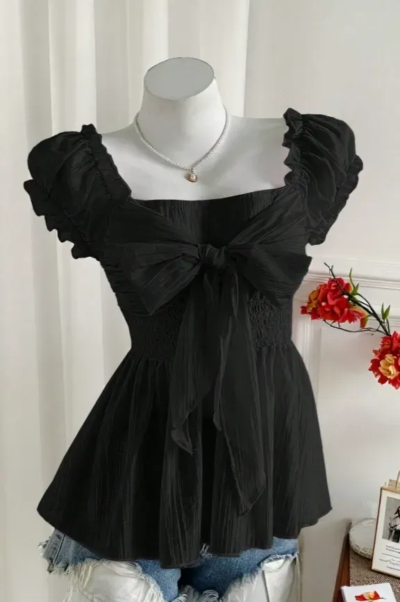 Black Ruffled Square Neck Top - Image 1