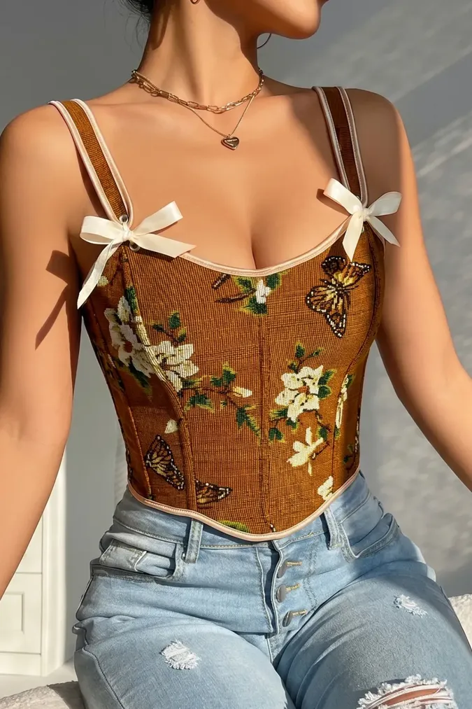 Brown Floral Corset Top - Image 1